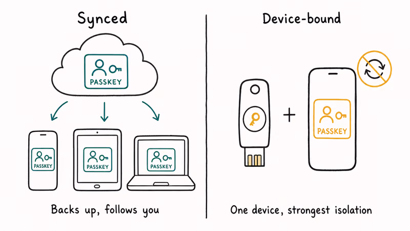 Synced passkeys across many devices versus a device-bound passkey on one hardware key