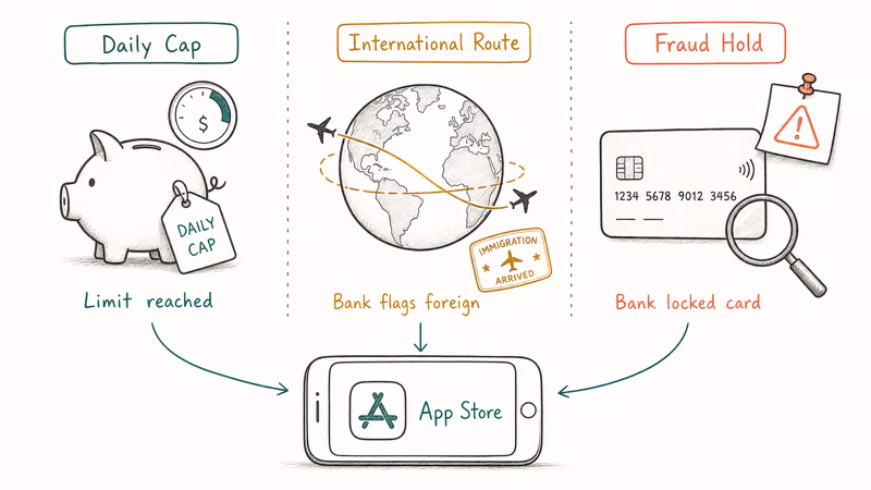 Three hand-drawn panels comparing transaction caps, international filters, and fraud holds blocking App Store cards.