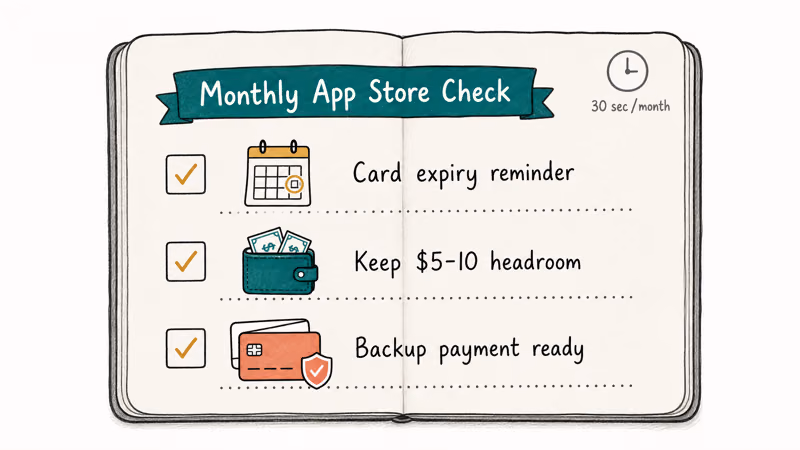 Hand-drawn monthly checklist with card expiry reminder, balance headroom, and backup payment items.