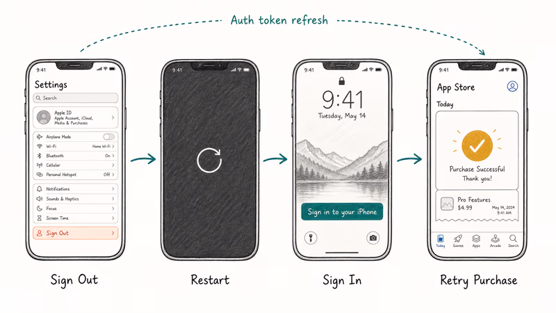 Four iPhone frames showing sign out, restart, sign in, and successful App Store purchase retry.