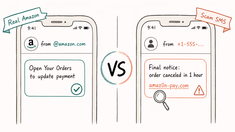 Hand-drawn comparison of legitimate Amazon email notification versus fake payment revision phishing text message