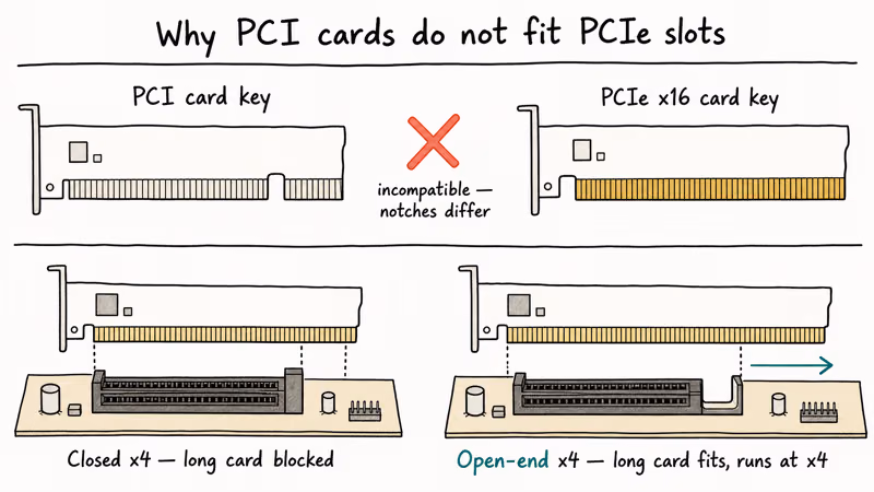Hand-drawn comparison of PCI and PCIe card edge connectors and open versus closed slots