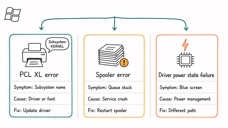 Three-column comparison of PCL XL spooler and driver power state failure printer errors