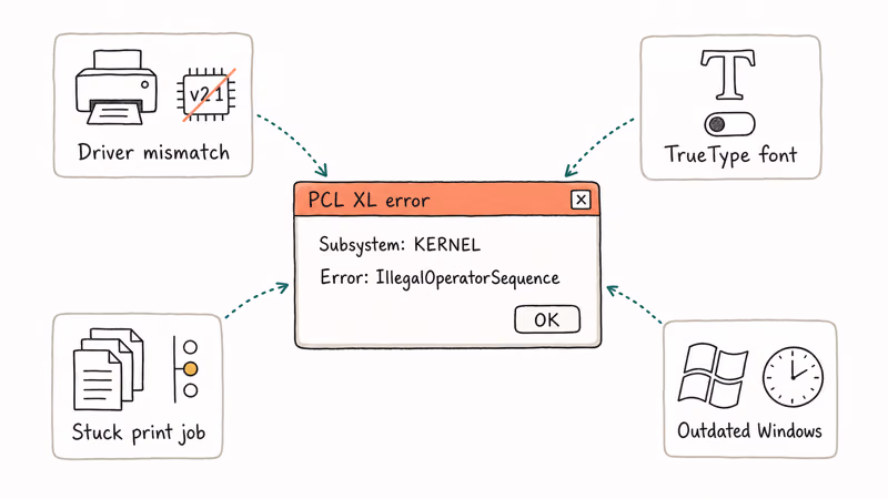 Hand-drawn diagram of four PCL XL error causes feeding into a Windows error dialog