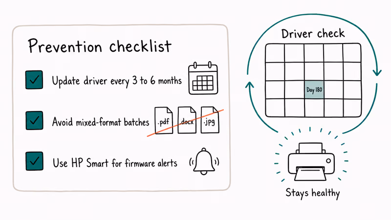 Hand-drawn maintenance checklist for preventing PCL XL errors with driver update and batch tips
