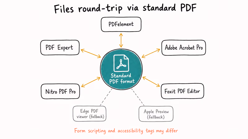 Hand-drawn radial diagram showing five PDF editors round-tripping through standard PDF format