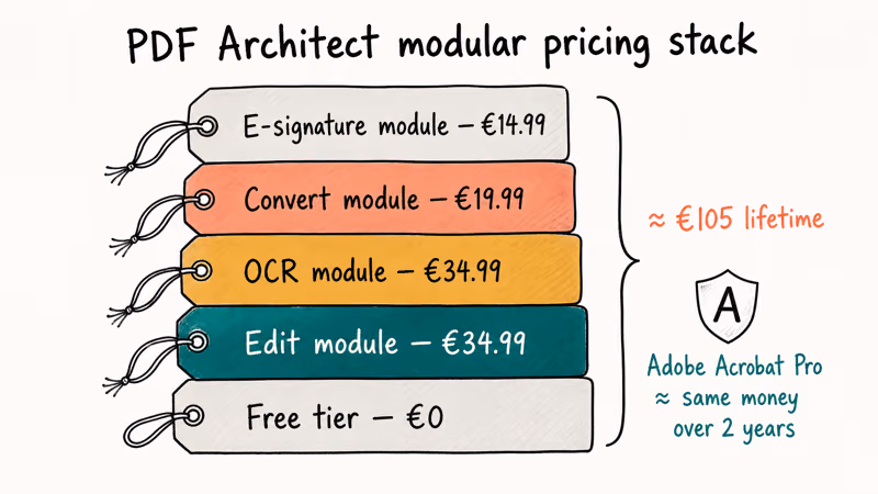 Hand-drawn stacked price tags showing PDF Architect modules totalling around 105 euros