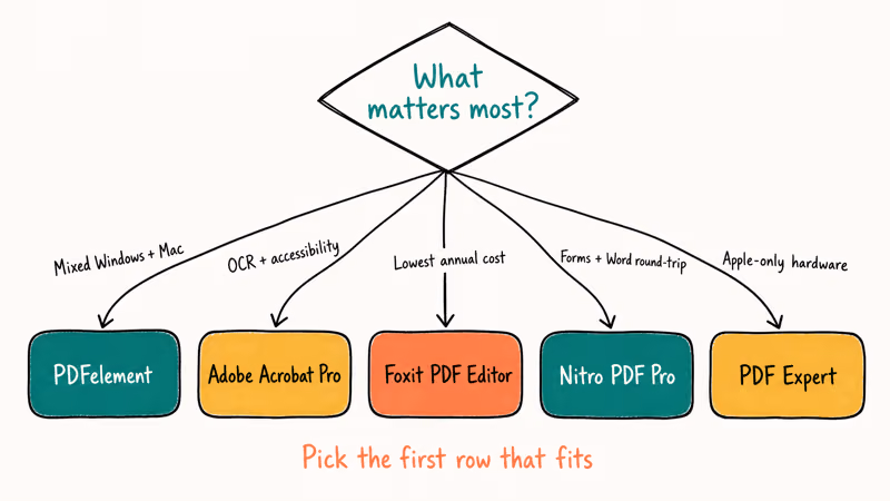 Hand-drawn decision flowchart matching user scenarios to recommended PDF editor picks