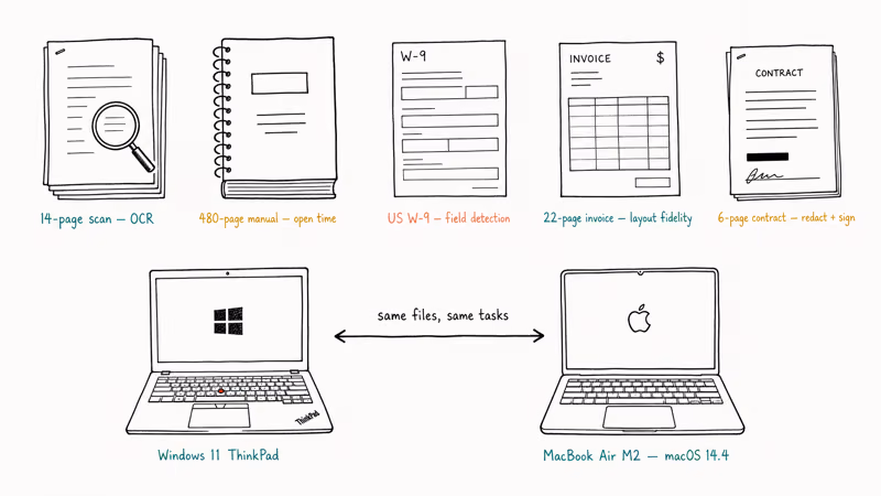 Hand-drawn lineup of five PDF test documents above Windows and Mac test laptops