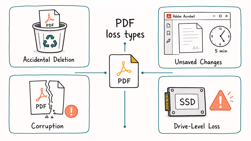 Four-quadrant diagnostic chart of PDF loss types covering deletion, unsaved edits, corruption, and drive failure