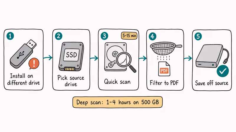 Five-step flowchart of PDF recovery software workflow from install through scan, filter, preview, and save