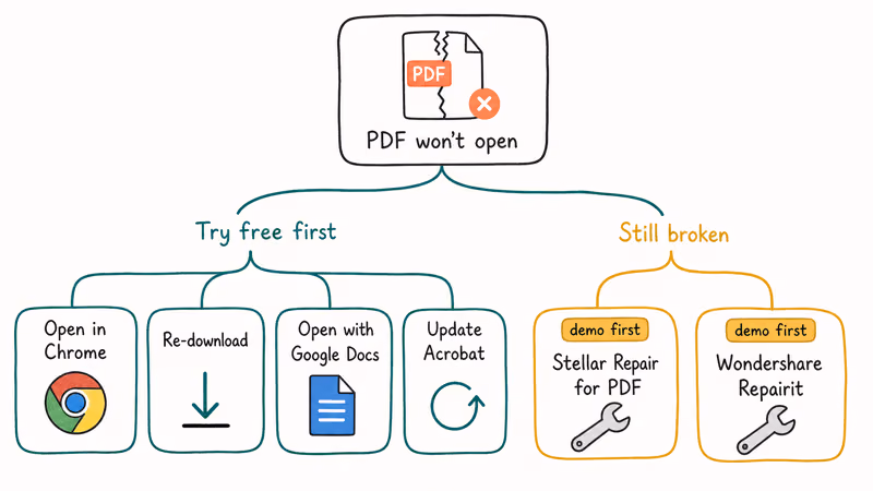 Decision tree for fixing corrupt PDFs with free or paid tools