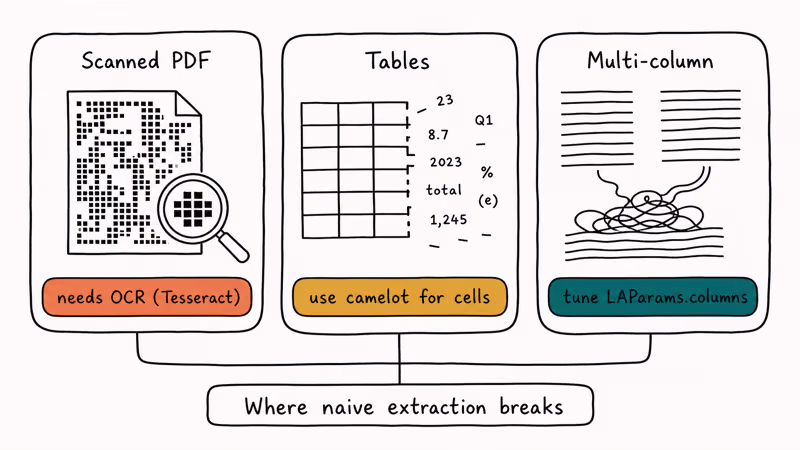 Three panel illustration showing scanned PDFs tables and multi-column layouts as common extraction pitfalls