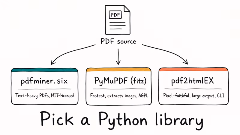 Decision diagram comparing pdfminer dot six PyMuPDF and pdf2htmlEX library choices for Python PDF conversion