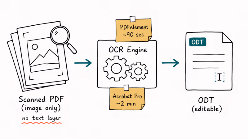 Pipeline diagram of scanned PDF flowing through OCR engine to produce editable ODT file