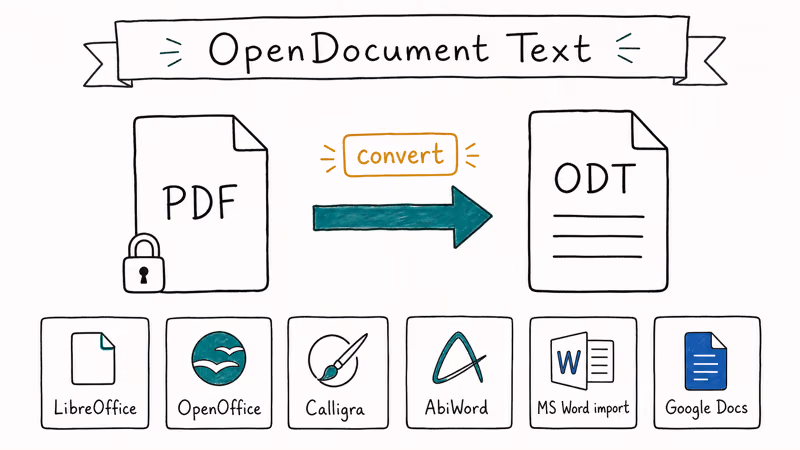 Diagram showing PDF converting to ODT with six office suites that support OpenDocument format