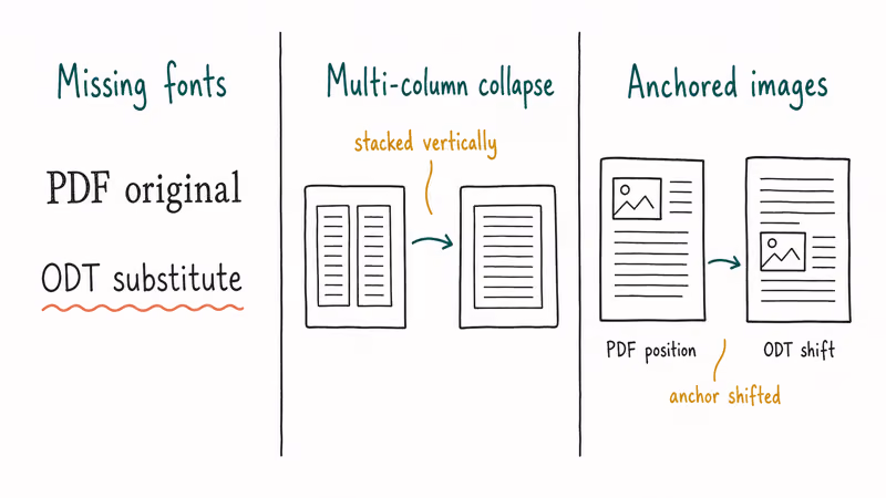 Three panel diagnostic showing missing fonts column collapse and anchored image issues