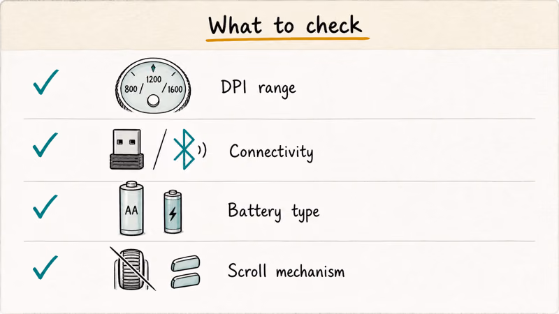 Hand-drawn buying checklist showing DPI connectivity battery and scroll mechanism for pen mice