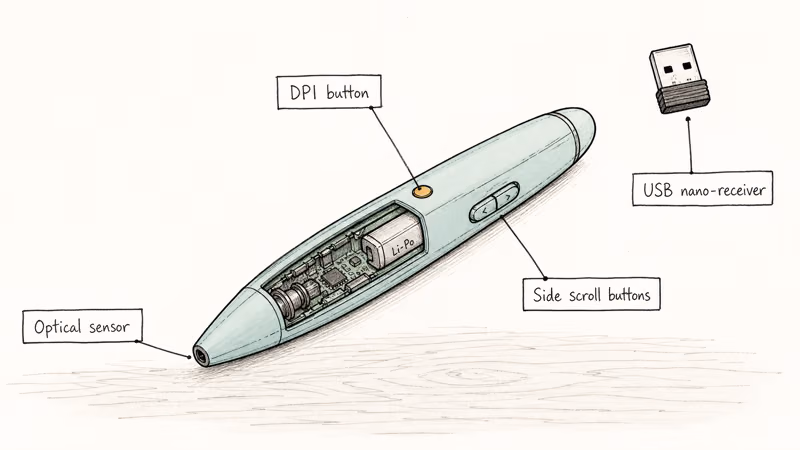 Hand-drawn anatomy of a wireless pen mouse with sensor DPI button and receiver labeled