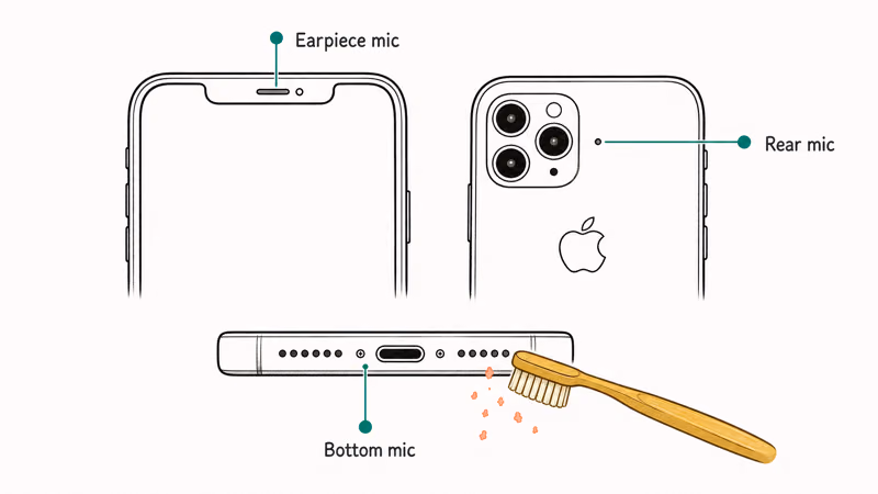 iPhone outline showing the three microphone locations with a brush cleaning the bottom grille