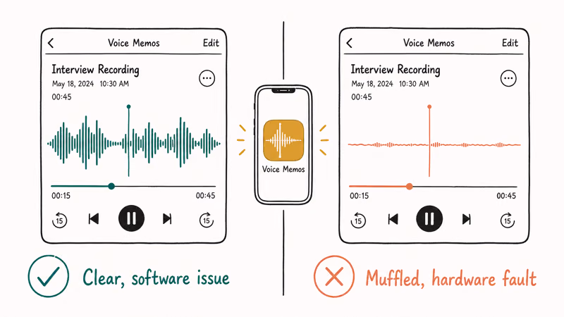 Voice Memos playback test comparing clear audio against muffled recording to diagnose mic