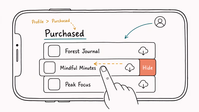 Hand-drawn App Store Purchased list with finger swiping left to reveal the Hide button.