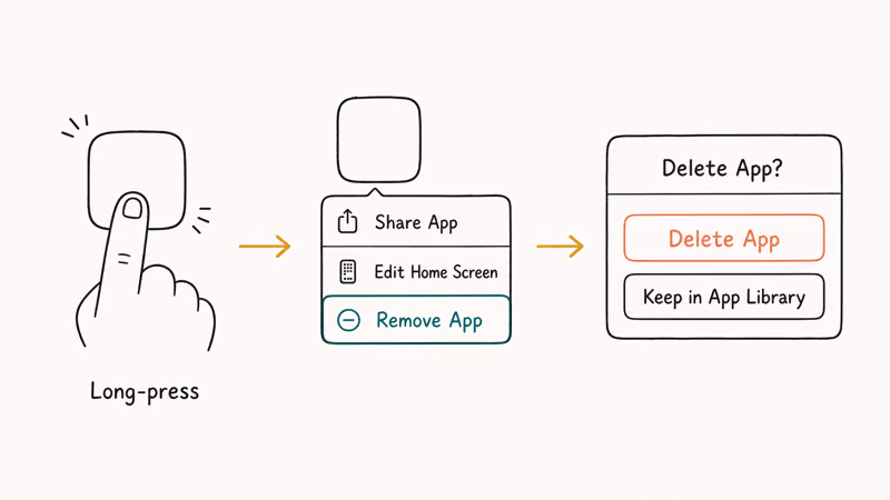 Hand-drawn three-panel flow showing iPhone long-press, Remove App menu, then Delete App confirmation.
