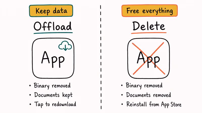 Hand-drawn side-by-side comparison contrasting Offload App keeping data with Delete App removing everything.