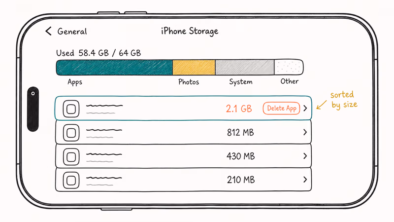 Hand-drawn iPhone Storage settings list with apps sorted by size and Delete App highlighted.