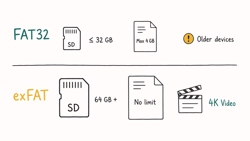 FAT32 versus exFAT comparison showing card capacity tiers and maximum file size limits