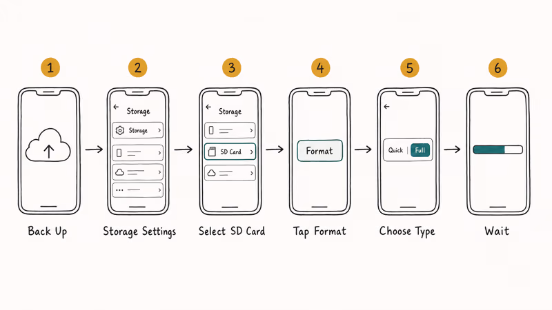 Six-step Android SD card format workflow from backup through final confirmation and waiting