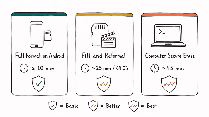 Three secure erase methods compared by time effort and protection strength for SD cards