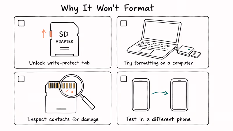 Four-step SD card format troubleshooting checklist covering write-protect damage and slot tests