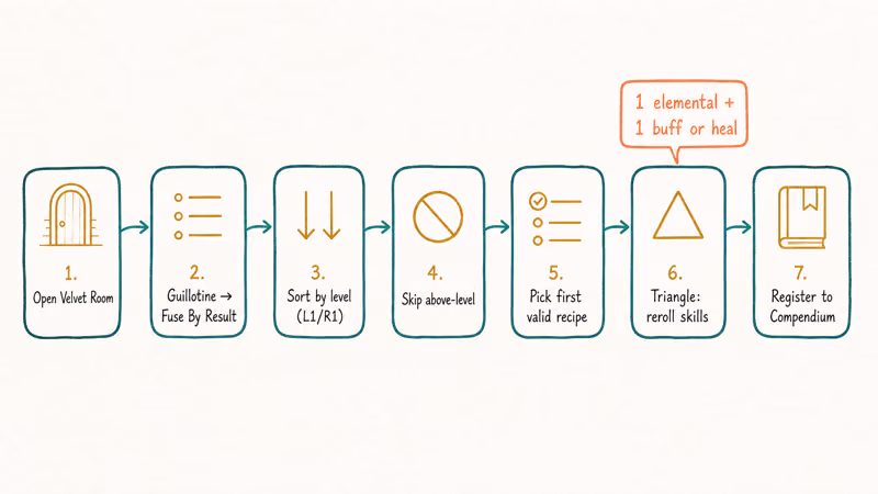 Seven-step horizontal flowchart of the Fuse by Result routine inside the Velvet Room menu.