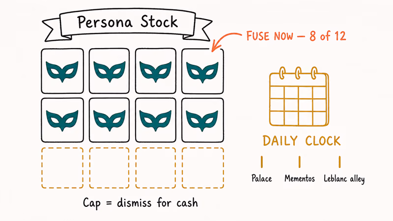 Hand-drawn grid of Persona stock slots showing eight of twelve filled triggering fusion timing.