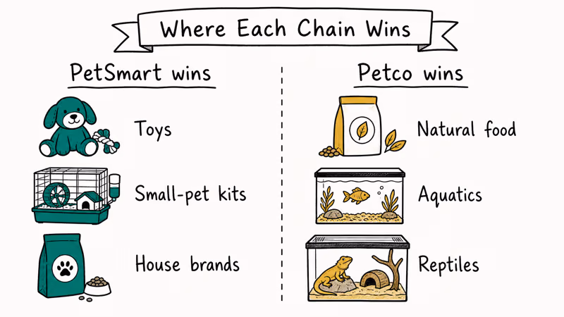 Hand-drawn icons showing PetSmart wins on toys and small pets while Petco wins on aquatics.