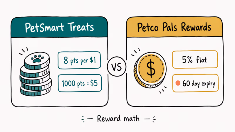 Hand-drawn cards comparing PetSmart Treats points and Petco Pals Rewards flat five percent back.