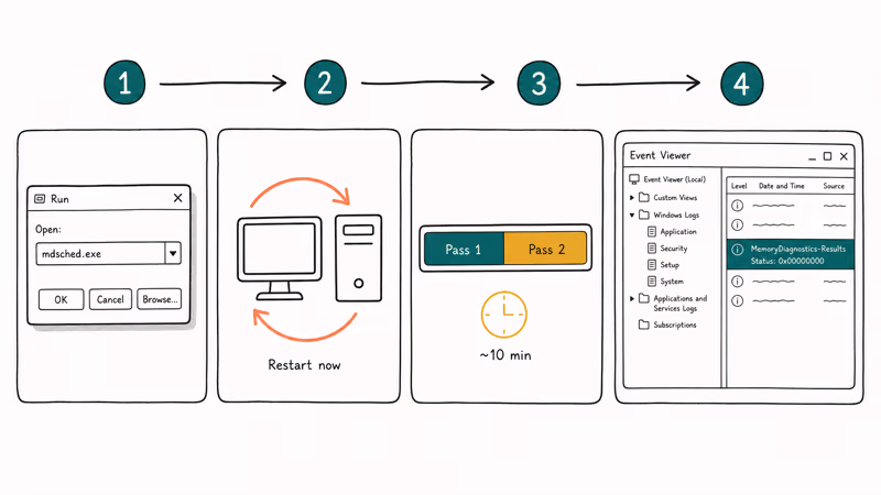 Four-step flowchart showing Windows Memory Diagnostic launch restart two-pass scan and Event Viewer result.
