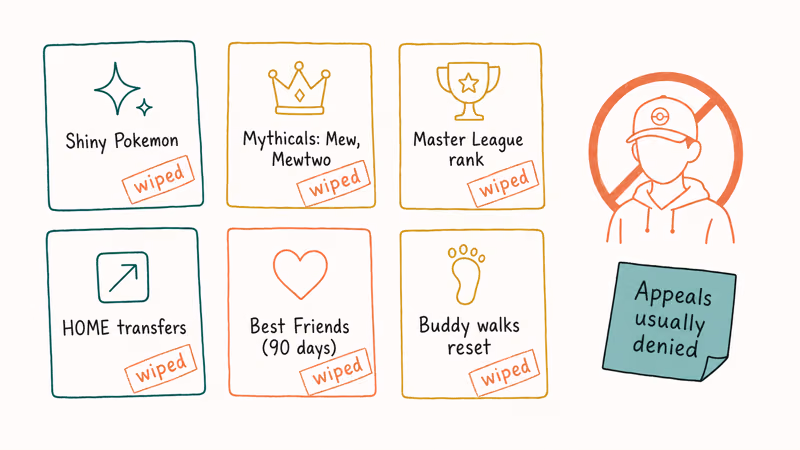 Inventory cards showing Shiny Pokemon Mythicals Master League rank and HOME transfers wiped by ban.