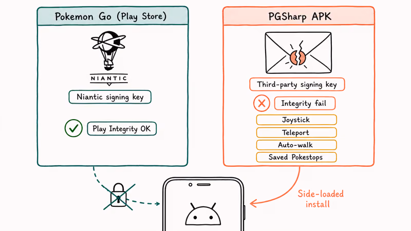 Side-by-side comparison of legitimate Pokemon Go APK and PGSharp modded APK with bundled cheat features.