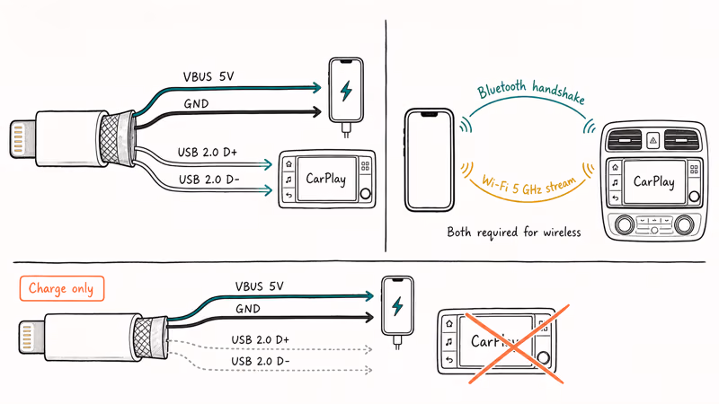 Hand-drawn diagram showing iPhone cable power lanes versus data lanes plus wireless handshake to car.