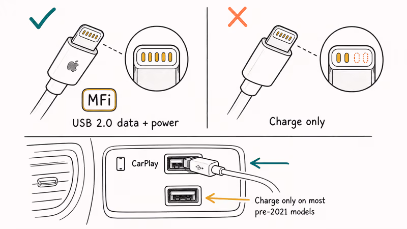 Certified Lightning cable versus charge-only cable at dash USB ports.