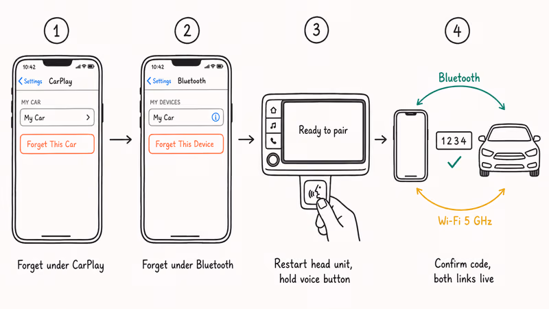 Four step hand-drawn flow showing wireless CarPlay forget and re-pair across Bluetooth and Wi-Fi.