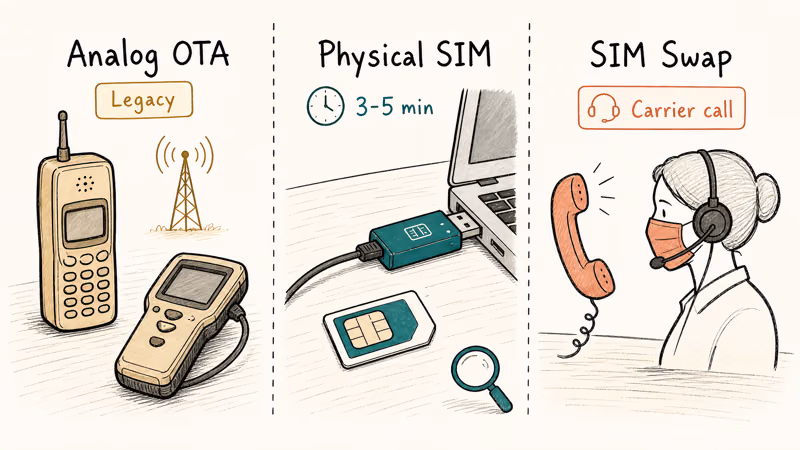 Three panels comparing analog scanner cloning, physical SIM reader cloning, and SIM swap fraud methods.