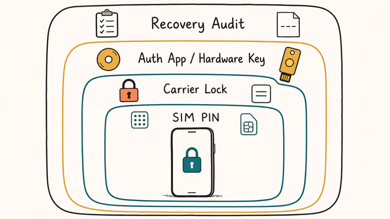 Stacked defense layers showing SIM PIN, carrier lock, authenticator app, and recovery audit protections.