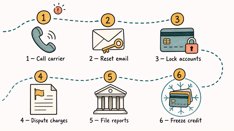 Six numbered recovery steps from carrier call to credit freeze after a SIM cloning incident.