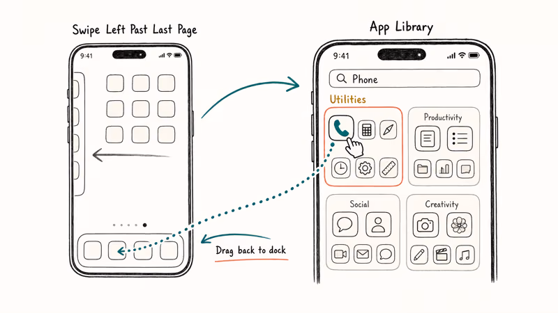 App Library screen dragging Phone icon back to home screen