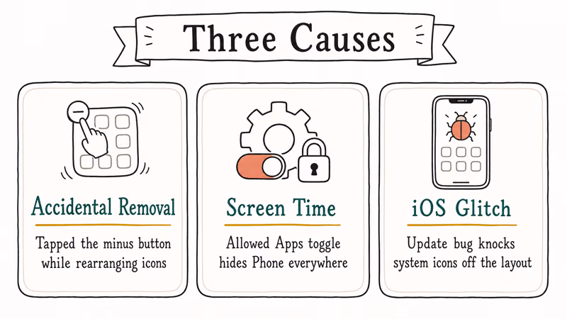 Cards showing Phone icon disappearance causes Screen Time and iOS glitch