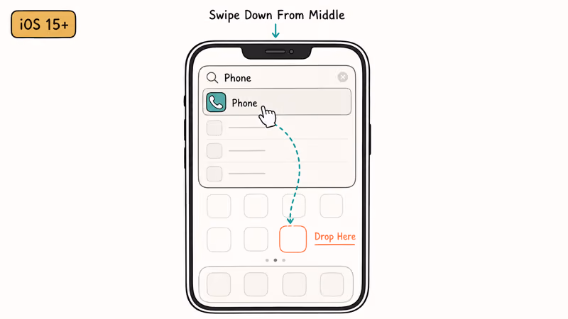 Hand-drawn iPhone Spotlight search with Phone result being dragged from search overlay onto home screen