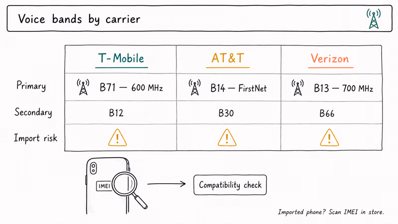 Carrier voice band table with phone IMEI compatibility note.